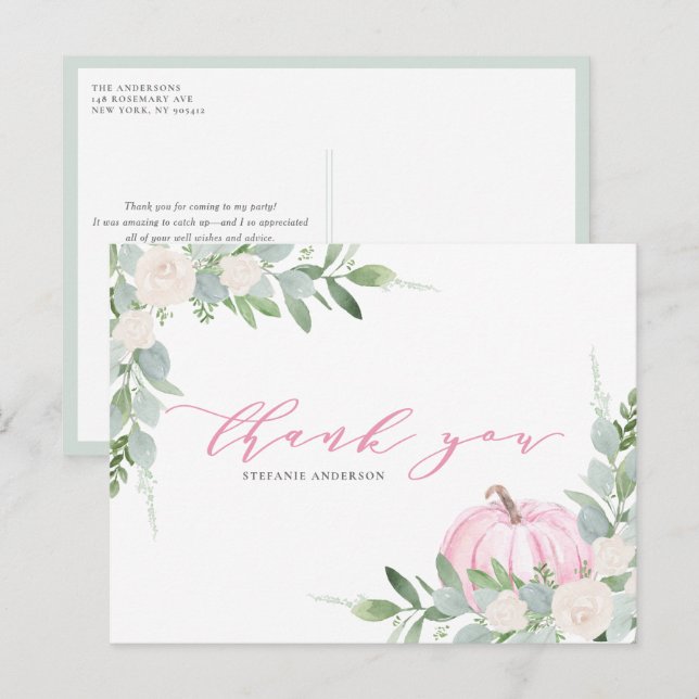 Pink Pumpkin and Greenery Autumn Thank You Postcard (Front/Back)
