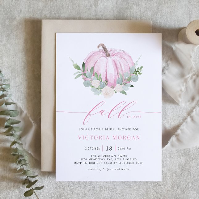 Pink Pumpkin and Greenery Fall Bridal Shower Invitation (Creator Uploaded)