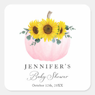 Pink Pumpkin and Sunflower Baby Shower Favour Square Sticker