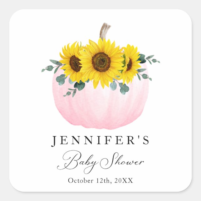 Pink Pumpkin and Sunflower Baby Shower Favour Square Sticker (Front)