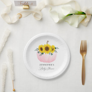Pink Pumpkin and Sunflower Girl Baby Shower Paper Plate