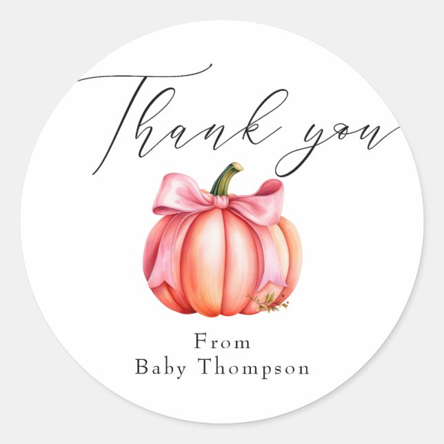 Pink Pumpkin | Autumn Baby Shower Thank You Classic Round Sticker (Front)