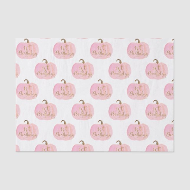 Pink Pumpkin Autumn Fall Gold 1st Birthday Party Tissue Paper (Front)