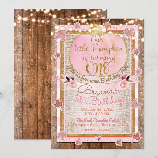 Pink Pumpkin Autumn Leaves Rustic 1ST Birthday Invitation (Front/Back)