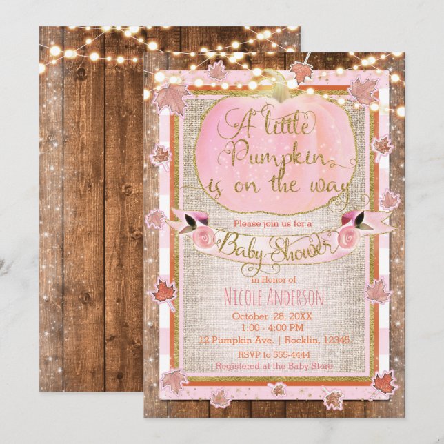 Pink Pumpkin & Autumn Leaves Rustic Baby Shower Invitation (Front/Back)