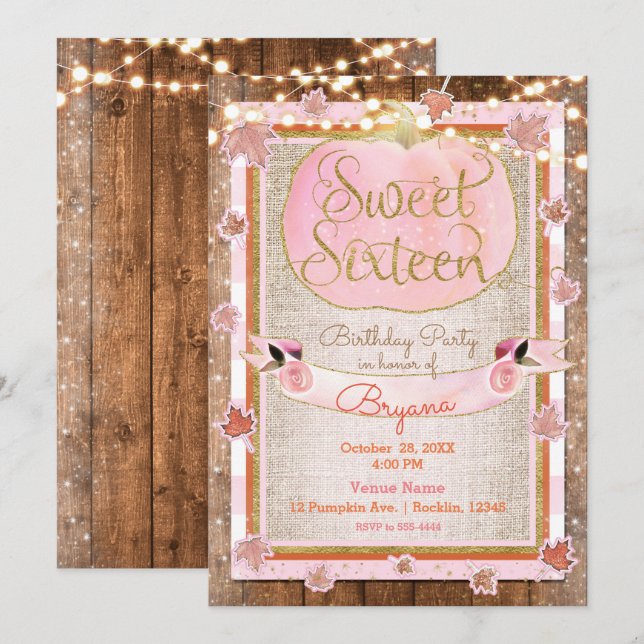Pink Pumpkin Autumn Leaves Rustic SWEET 16 Party Invitation (Front/Back)