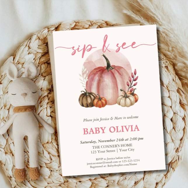 Pink Pumpkin Baby Girl Fall Sip And See Meet Greet Invitation (Creator Uploaded)