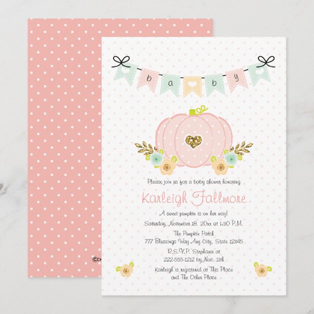 Pink Pumpkin Baby Girl Shower Invitations (Front/Back)