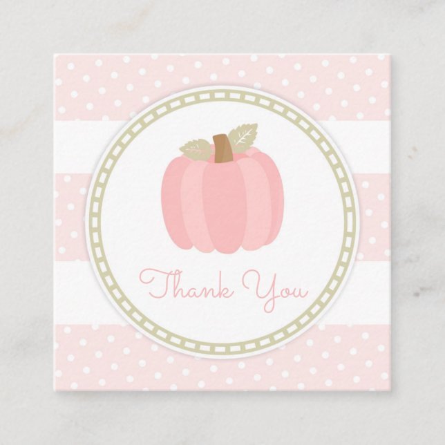 Pink Pumpkin Baby Girl Shower Preppy Stripes Dots Square Business Card (Front)