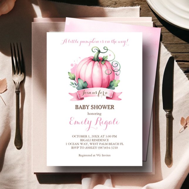 Pink Pumpkin Baby Shower Invitation – Fall Theme (Baby shower invitations girl pink watercolor pumpkin )