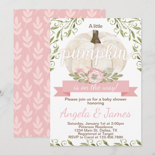 Pink Pumpkin Baby Shower Invitation Invite (Front/Back)