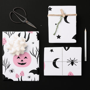 Pink Pumpkin & Bat Modern Halloween Gift Wrap