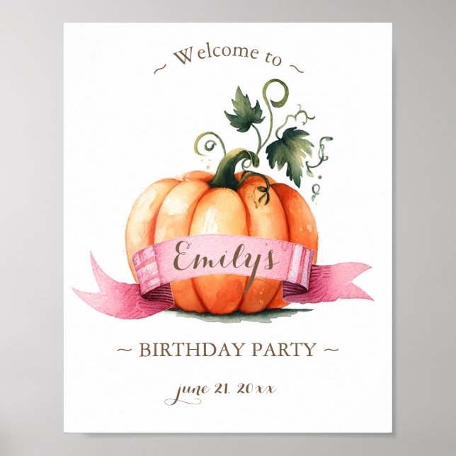 Pink Pumpkin Birthday Party Posters (Front)