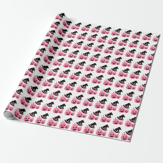 Pink Pumpkin & Black Hat Halloween Wrapping Paper (Unrolled)