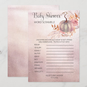 Pink Pumpkin Boho Pampas Baby Shower Word Scramble Invitation