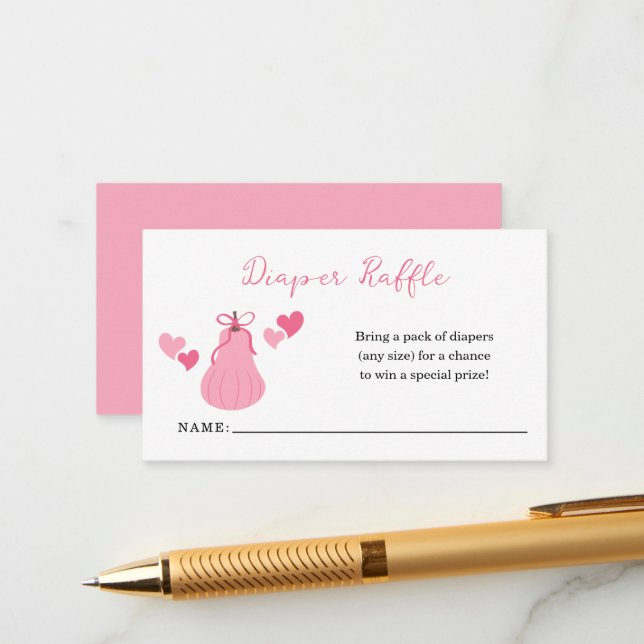 Pink Pumpkin Bow Girl Baby Shower Diaper Raffle Enclosure Card (Front/Back In Situ)