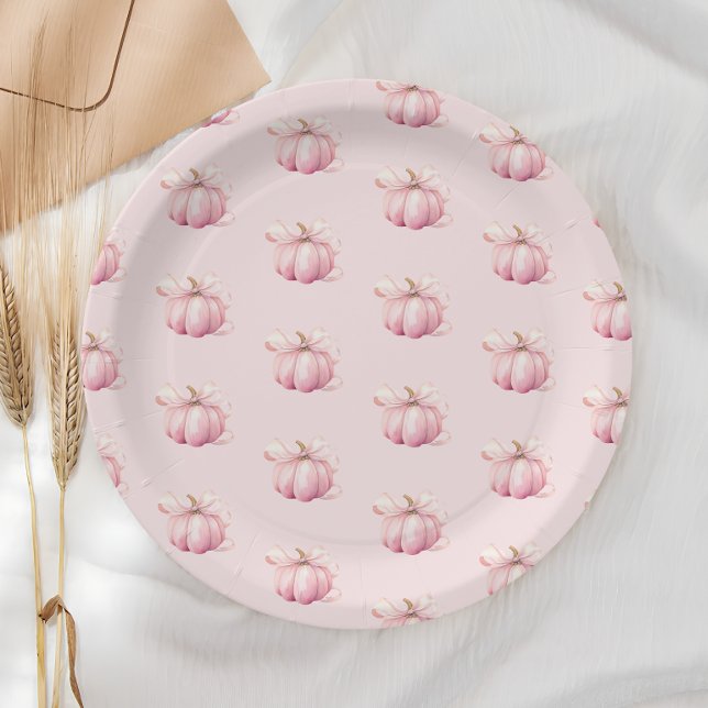 Pink Pumpkin Bow Girl Baby Shower Paper Plate (Creator Uploaded)