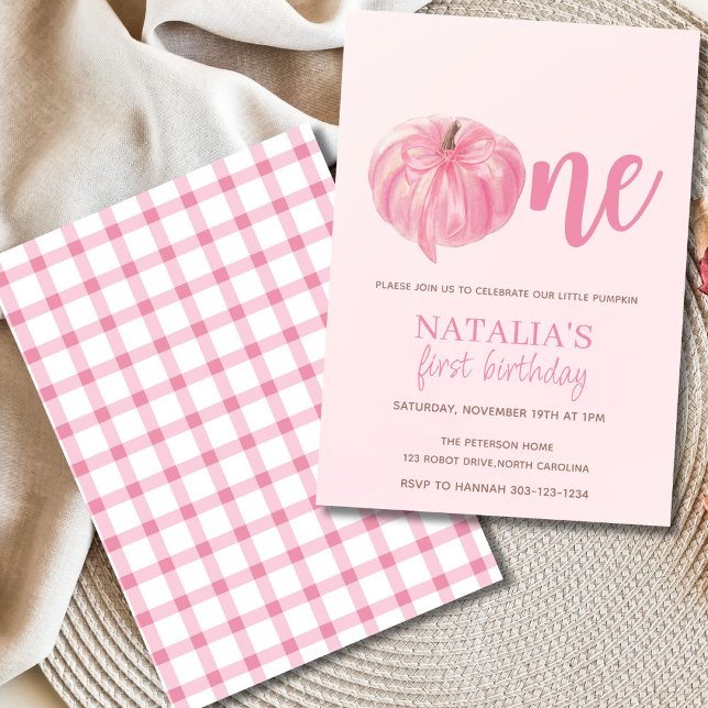 Pink Pumpkin Bow Girl First Birthday  Invitation (Little pumpkin girl birthday invitation with pink pumpkin and blush background)