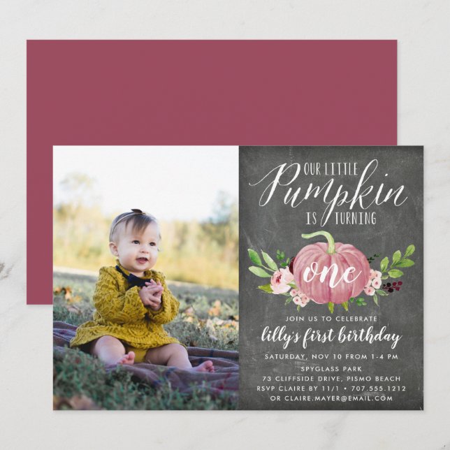 Pink Pumpkin Custom Age Birthday Party Photo Invitation (Front/Back)