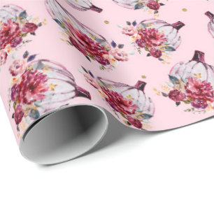 Pink pumpkin fall floral watercolor autumn pattern wrapping paper