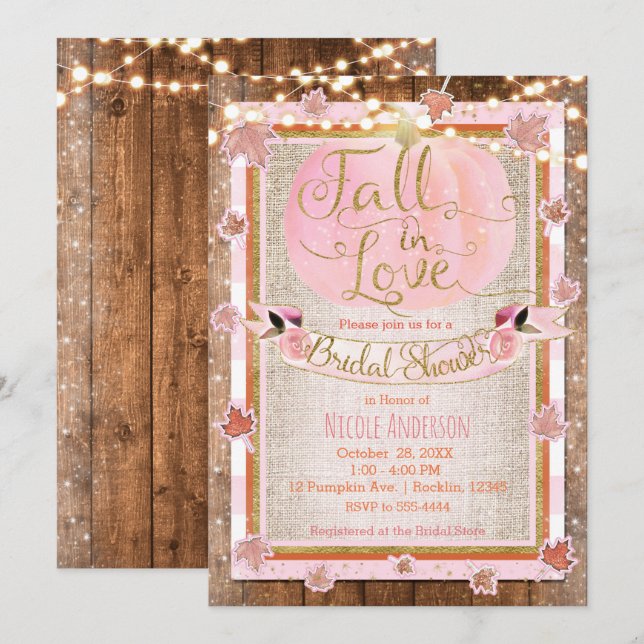 Pink Pumpkin Fall in Love Rustic Bridal Shower Invitation (Front/Back)