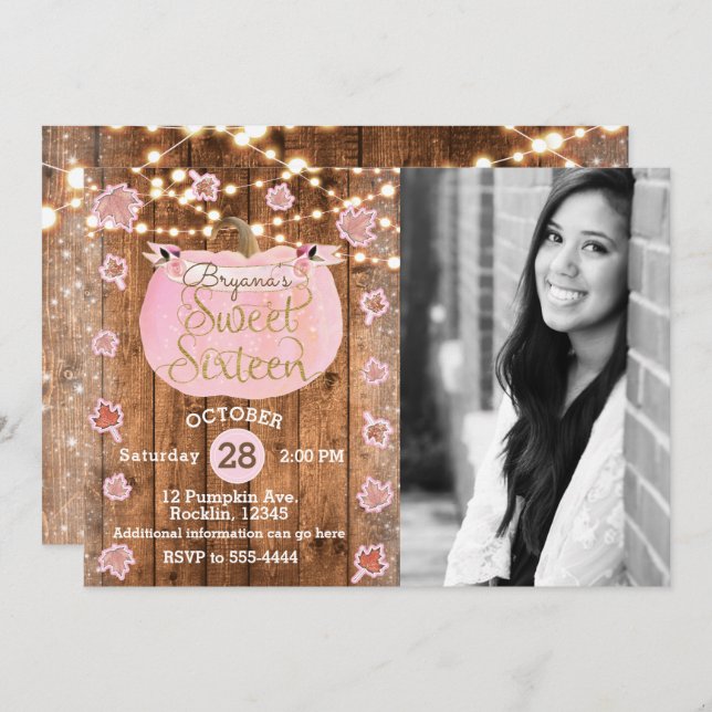 Pink Pumpkin Fall Rustic Sweet 16 Birthday Photo Invitation (Front/Back)