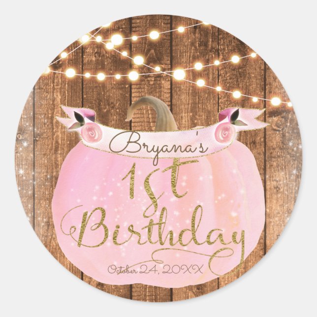 Pink Pumpkin Fall Rustic Wood Lights 1st Birthday Classic Round Sticker (Front)