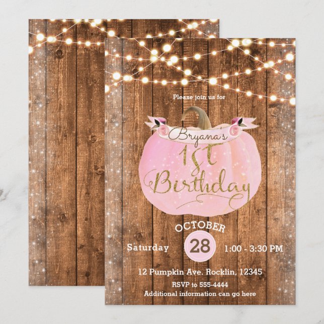 Pink Pumpkin Fall Rustic Wood Lights 1st Birthday Invitation (Front/Back)
