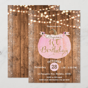 Pink Pumpkin Fall Rustic Wood Lights 1st Birthday Invitation