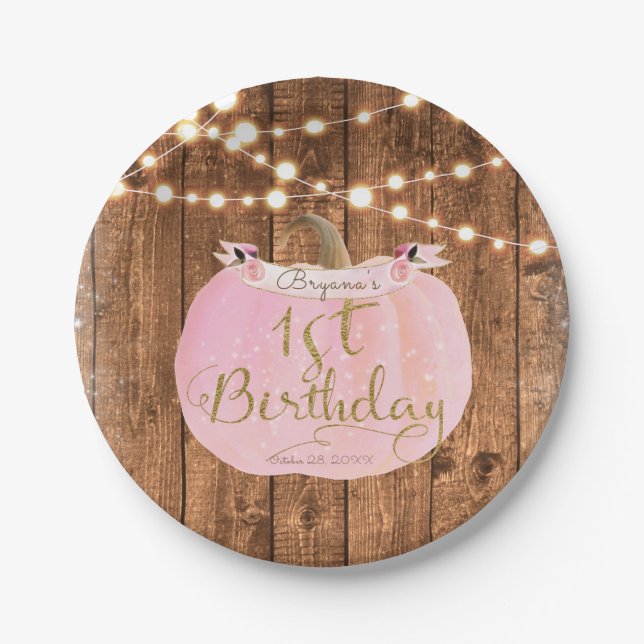 Pink Pumpkin Fall Rustic Wood Lights 1st Birthday Paper Plate (Front)