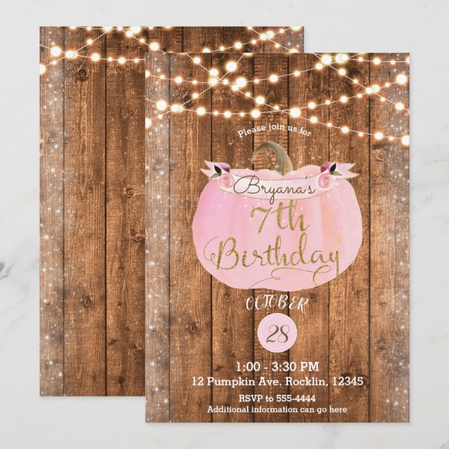 Pink Pumpkin Fall Rustic Wood Lights 7th Birthday Invitation (Front/Back)