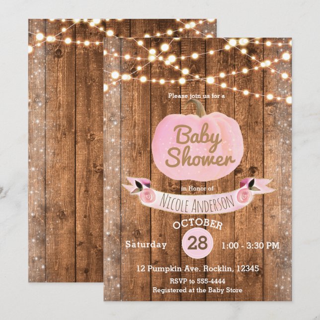 Pink Pumpkin Fall Rustic Wood Lights Baby Shower Invitation (Front/Back)