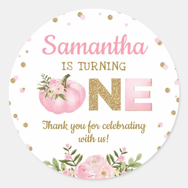 Pink Pumpkin First 1st Birthday Favours Floral Classic Round Sticker (Front)