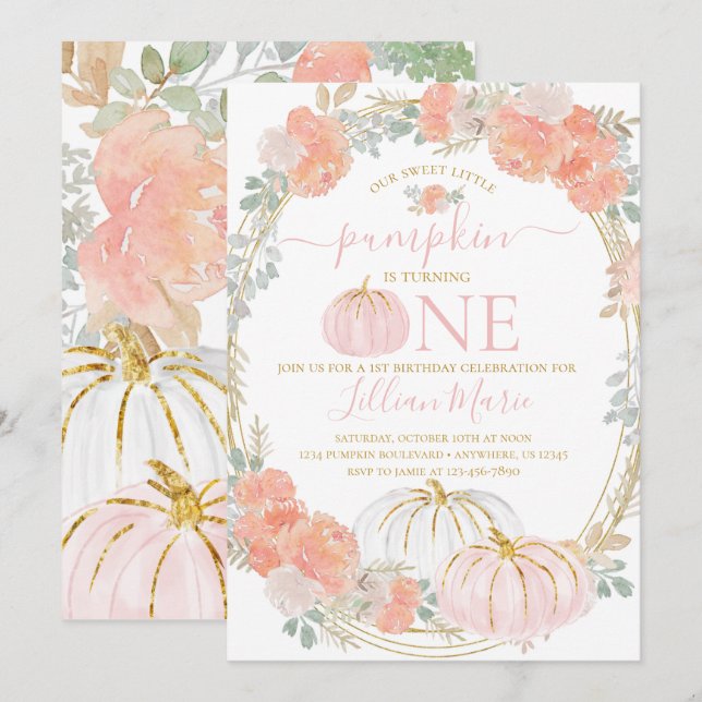 Pink Pumpkin First Birthday Invitation (Front/Back)