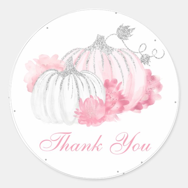 Pink Pumpkin Floral Baby Girl Shower Thank You Classic Round Sticker (Front)