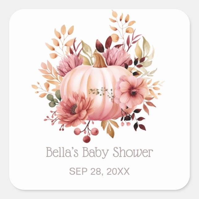 Pink Pumpkin Floral Baby Shower Square Sticker (Front)