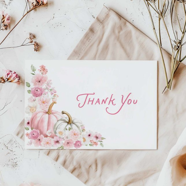 Pink Pumpkin Floral Baby Shower Thank You Card (Girl Pink Pumpkin Floral Baby Shower Thank you card)