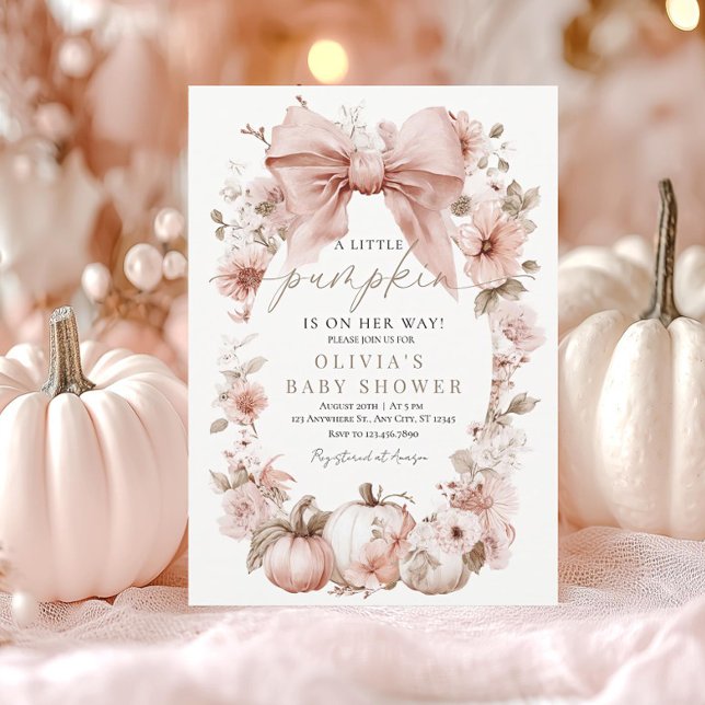 Pink Pumpkin Floral Bow Baby Shower Invitation (Creator Uploaded)