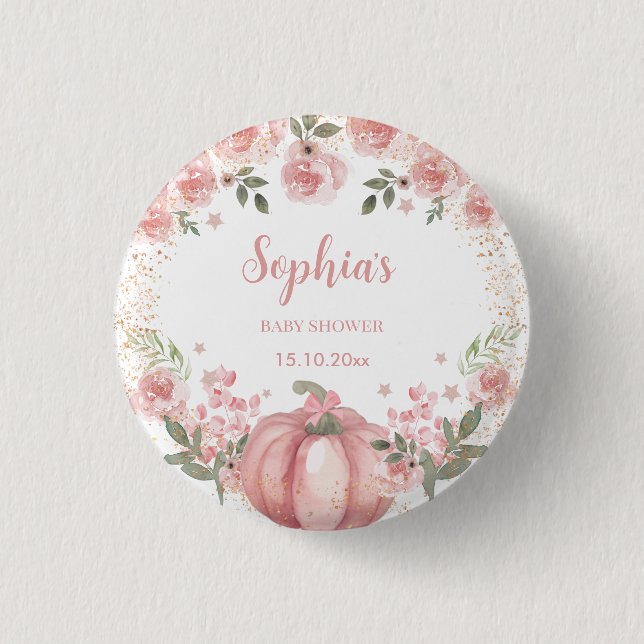 pink Pumpkin Floral Girl Baby Shower  3 Cm Round Badge (Front)
