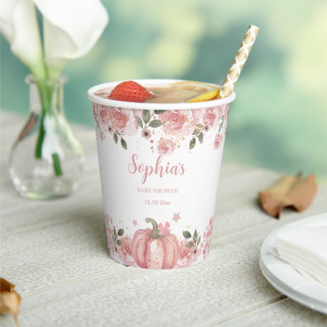 Pink Pumpkin Floral Girl Baby Shower Paper cup (Insitu)