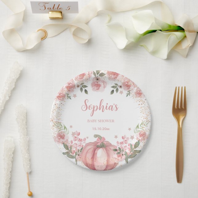 pink Pumpkin Floral Girl Baby Shower  Paper Plate (Wedding)