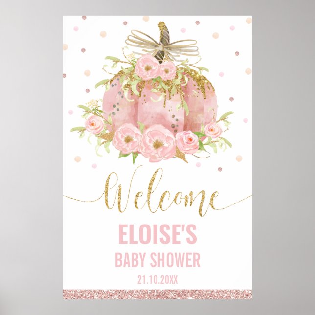 Pink Pumpkin Floral Girl Baby Shower Welcome Sign (Front)