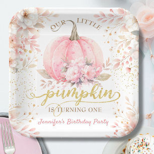 Pink Pumpkin Floral Gold Glitter Girl 1st Birthday Paper Plate