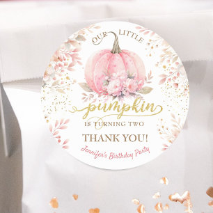 Pink Pumpkin Floral Gold Glitter Girl 2nd Birthday Classic Round Sticker