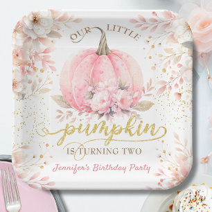 Pink Pumpkin Floral Gold Glitter Girl 2nd Birthday Paper Plate