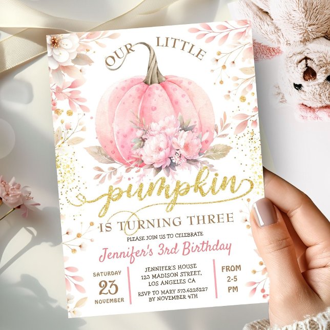 Pink Pumpkin Floral Gold Glitter Girl 3rd Birthday Invitation (Creator Uploaded)