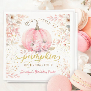 Pink Pumpkin Floral Gold Glitter Girl 4th Birthday Napkin