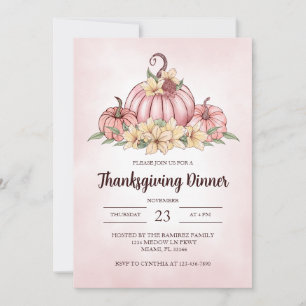 Pink Pumpkin  Floral Thanksgiving Invitation