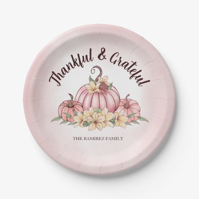 Pink Pumpkin  Floral Thanksgiving paper plate (Front)