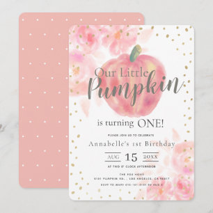 Pink Pumpkin & Floral Watercolor Girl 1st Birthday Invitation